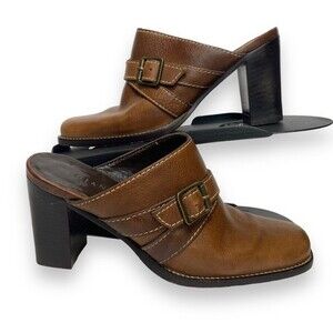 Gianni Bini | Brown Leather Buckle Accent Heeled Mules | Size 6